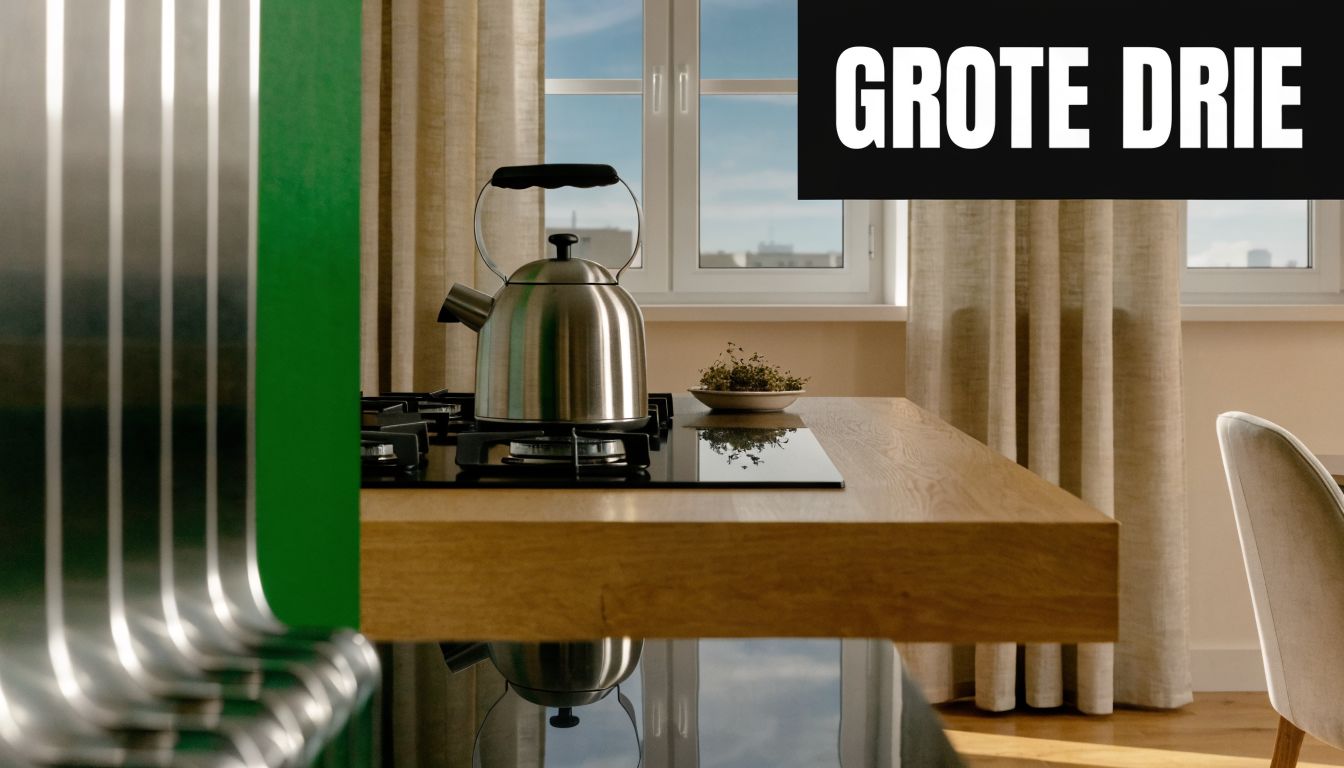 Een moderne keuken met een fornuis, een roestvrijstalen waterkoker en een houten aanrechtblad bij het raam.