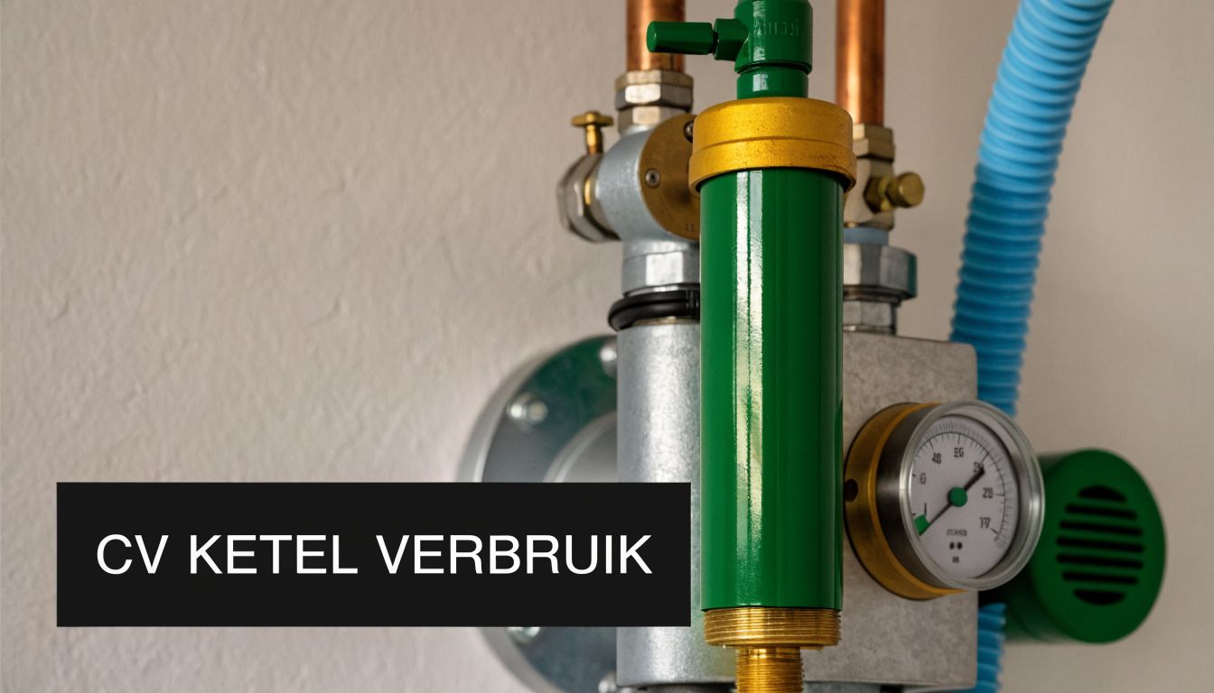 Een close-up van een cv-ketelonderdeel met manometer gemonteerd op een witte muur voor verwarmingssysteemmonitoring.