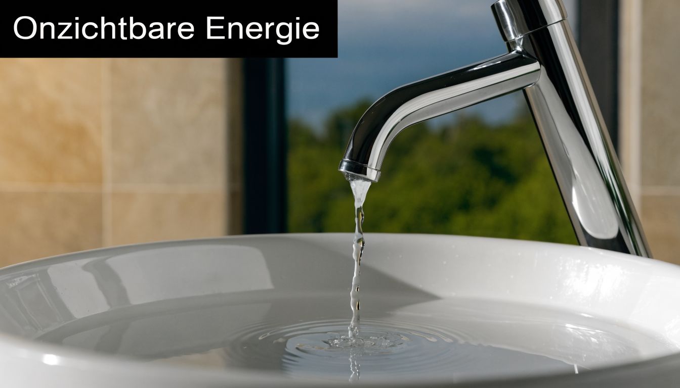 Een zilveren kraan waar water uitstroomt in een witte wastafel met de tekst Onzichtbare Energie bovenin.