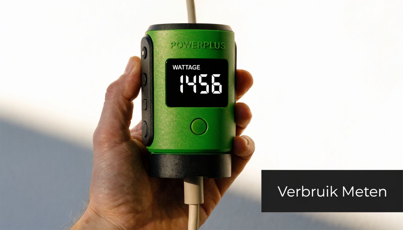 Een hand die een groene Powerplus energiemeter vasthoudt die een verbruik van 1456 Watt weergeeft.