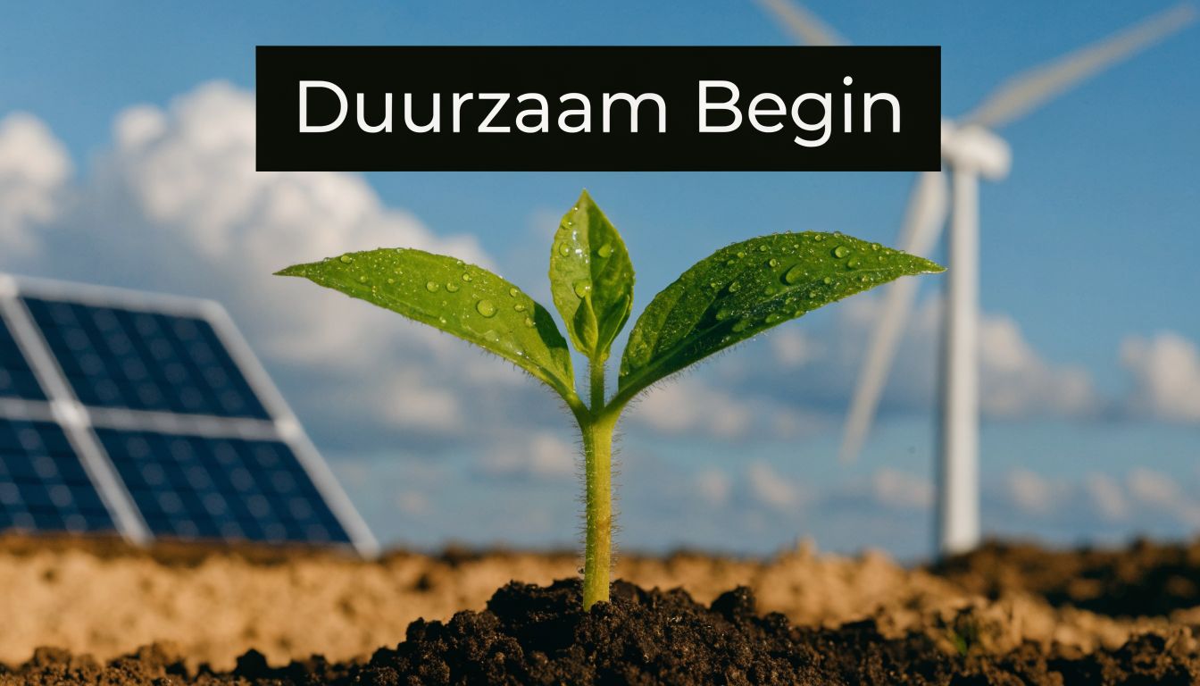 Een jong groen plantje groeit in de aarde met zonnepanelen en een windturbine op de achtergrond.